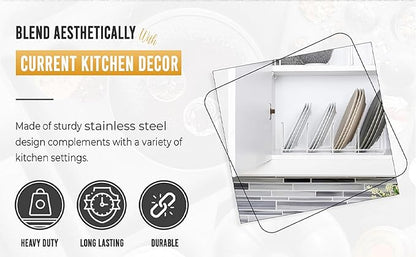 YBM HOME Wire Dish Storage Rack for Plates, Cutting Boards, Bakeware, Pots and Pans, Serving Trays, Lids, and Other Cookware, 4 Section Plate Holder for Cabinets and Cupboards, White 2551