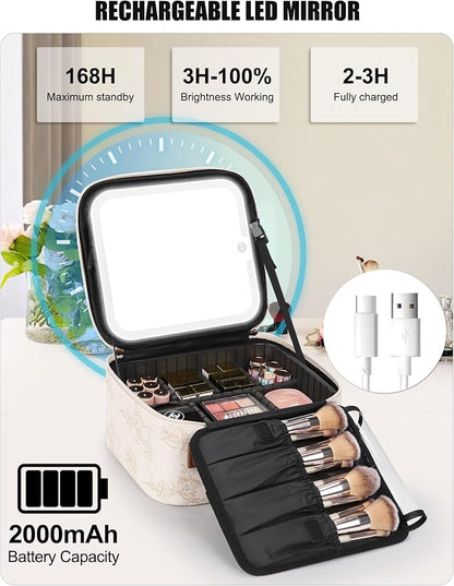 Relavel Travel Makeup Bag With LED Mirror, Portable Cosmetic Organizer Bag with Adjustable Brightness in 3 Color Scenarios, Small Train Case with Detachable Dividers for Trip- Lily Flower