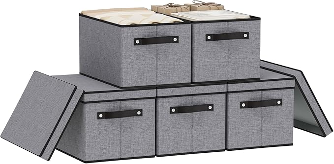 YheenLf Storage Boxes with Lids, 15 x 9.8 x 8.3 Inch Storage Bins for Wardrobe Bedroom Laundry, Fabric Closet Organizers with Handles,Gray, 5-Pack