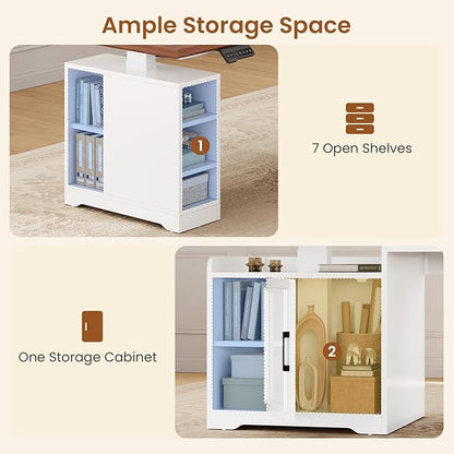 SEDETA Farmhouse L Shaped Electric Standing Desk, 63" x 67" Height Adjustable Home Office Executive Desk with Drawers and Shelves, Standing Computer Desks with Power Outlet for Home Office, White