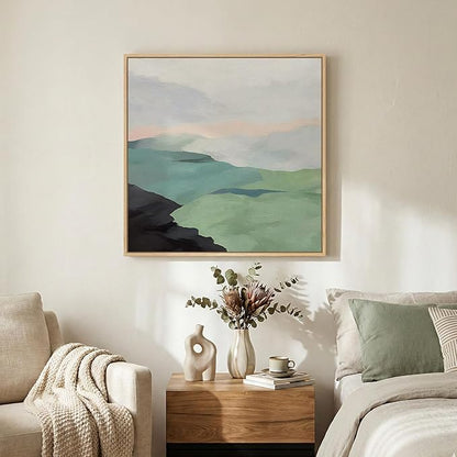 Framed Green Abstract Wall Art, Modern Mountain Canvas Prints Paintings Artwork for Walls, Square Minimalist Green and Grey Landscape Pictures for Living Room Dining Bedroom Office Wall Decor 24x24 In