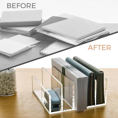 5 Compartments Clear Acrylic Mail Holder – Vertical Letter Sorter & Multifunction Desk Organizer for Bills, Documents, Notebooks – Modern Office/Home Envelope File Rack