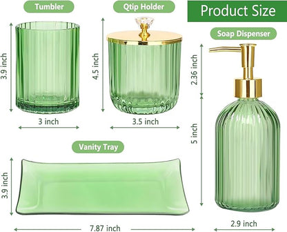 Haturi Bathroom Accessories Set, 4 Pcs Green Glass Bathroom Accessory Set Complete w/Lotion Soap Dispenser, Toothbrush Holder, Qtip Holder, Vanity Tray, Gold Bathroom Decor, Gift for Home Apartment