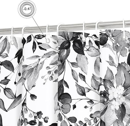 Gibelle Long Shower Curtain 72 x 78, Black and White Floral Shower Curtain, Watercolor Plant Eucalyptus Leaves Fabric Shower Curtain Set