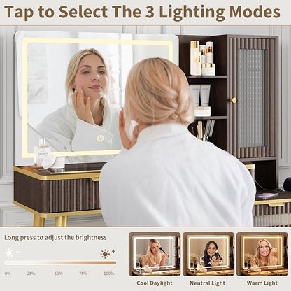 QUW Fluted Makeup Vanity Desk with Mirror and Lighits, 48" Modern Glass Top Vanity Table with Charging Station, Vanity Mirror with Adjustable Brightness, Dressing Table for Bedroom, Dark Walnut