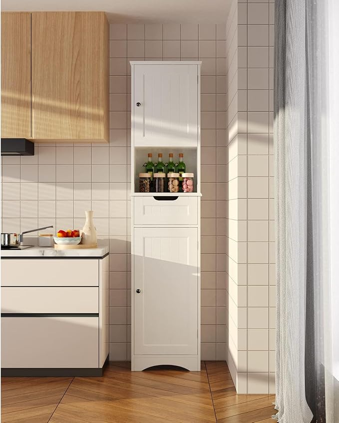 Gizoon 67" H Tall Bathroom Storage Cabinet, Narrow Storage Cabinet with 2 Doors & Drawer, Towel Cabinet with Freestanding Adjustable Shelves for Small Spaces, Kitchen, Living Room, Anti-Tipping, White
