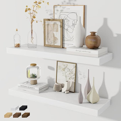 Fun Memories Floating Shelves for Wall, 32W x 8D Floating Wall Shelves with Invisible Brackets Set of 2, Hanging Rustic Wood Shelf Decoration for Bedroom, Bathroom, Living Room and Kitchen, White