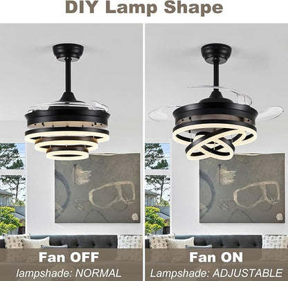 42" Retractable Ceiling Fans with Lights, Modern Fandelier Ceiling Fan with LED Light and Remote/APP Control 3 CCT, Reversible, 6 Wind Speed, Chandelier Ceiling Fan for Bedroom, Living Room Black