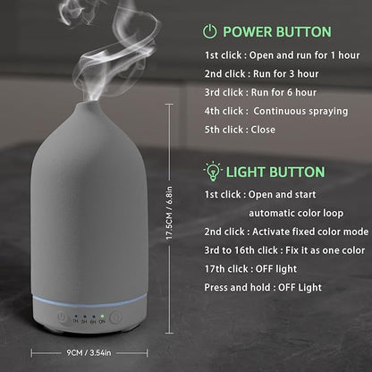 200ML Ceramic Essential Oil Diffuser - Ultrasonic Aromatherapy & Humidifier with 7-Color LED Lights, Auto Shut-Off, Grey, 1H/3H/6H Timer | Scent for Home,Office,Yoga