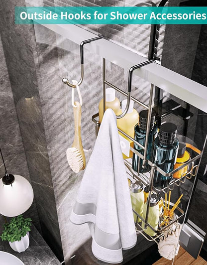 HapiRm Hanging Shower Caddy Over the Door with Soap Holder, No Drilling Adhesive Shower Organizer with 11 Hooks, Rustproof & Waterproof 304 Stainless Steel Bathroom Shelves - Brushed Nickel