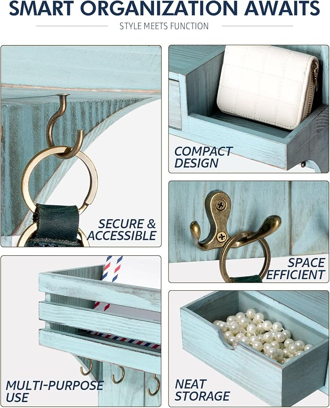 Rebee Vision Decorative Key Holder Wall Mount with Mini Drawer Organizer - Stylish Key Holder for Wall with Mail Organizer & 9 Key Hooks - Apartment Essentials for Home Decor (Blue)