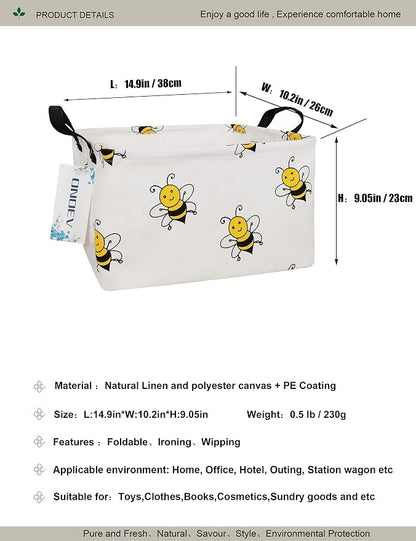 Rectangular Bee Pattern Storage Bin, Decorative Canvas Laundry Basket with Dual Handles, Foldable Toy & Household Organizer, Multipurpose Party Gift Basket for Home Bedroom Dorm(Bee)