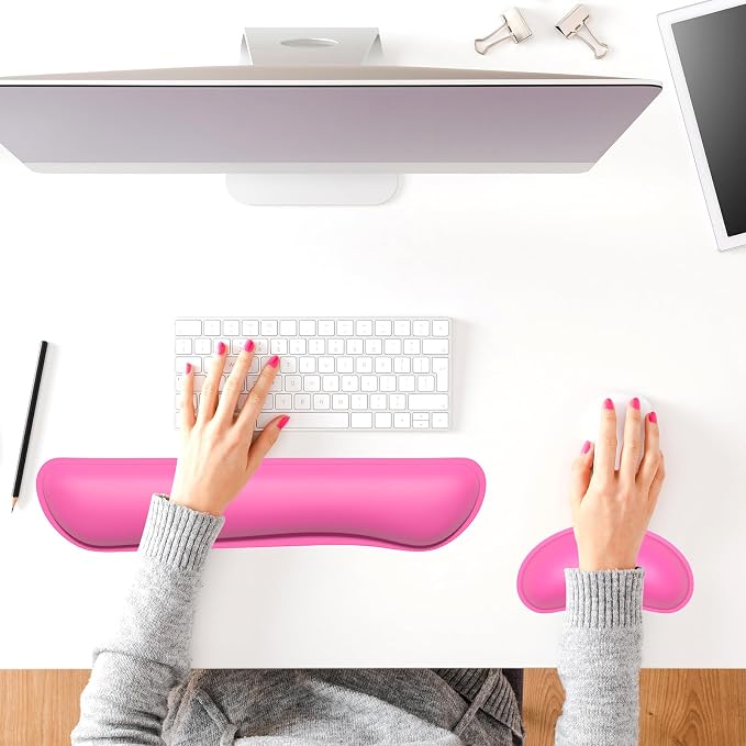 Dapesuom Keyboard Wrist Rest Set, Cute PU Leather Wrist Cushion for Computer Keyboard and Mousepad, Memory Foam Mouse Pad Rests Support with Non-Slip Base for Typing Pain Relief, Laptop, Hot Pink