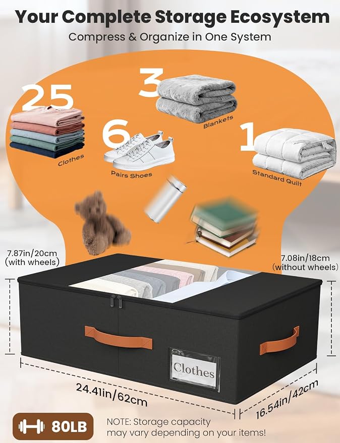 TOSKING 2-Pack Under Bed Storage Bins with Wheels, 4 Vacuum Bags, Heavy Duty 80 lbs, 7.9" Height, 47L Clear Lid Organizer, Space Saver for Dorm Bedroom Clothes Shoes Toys, Quick Assembly, Black