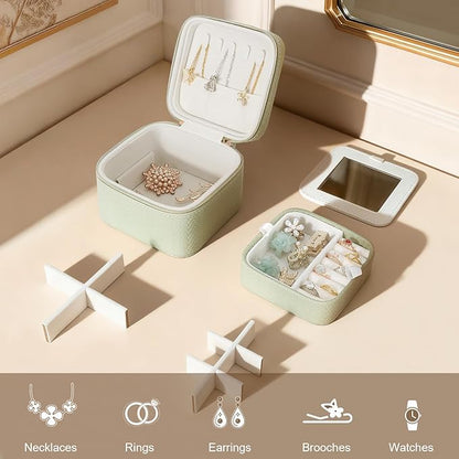 DesignSter Travel Jewelry Case for Woman, Small Travel Jewelry Box with Mirror,4.72×4.72×3.54 inches,Portable Design Travel Jewelry Organizer,Double Headed Zipper