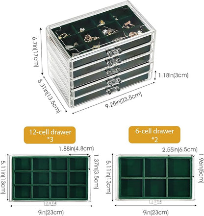 ProCase Earring Holder Organizer Jewelry Box with 5 Drawers, Acrylic Clear Earring Case with Adjustable Velvet Trays for Women - Emerald, 5 Layers