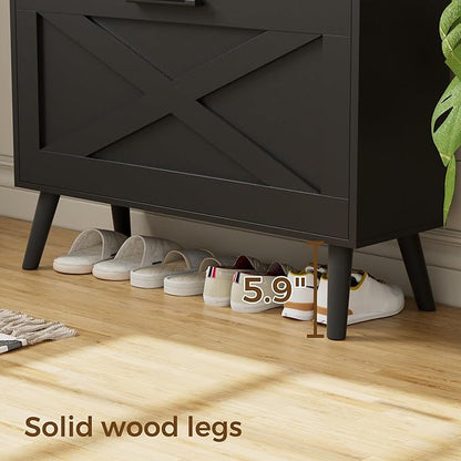 Homleke 32" W Farmhouse Shoe Storage Cabinet with 2 Flip Drawers and Barn Door Design, Adjustable Shelves, Modern Hidden Slim Narrow Shoe Rack Cabinet for Entryway, Foyer, Hallway, Living Room, Black