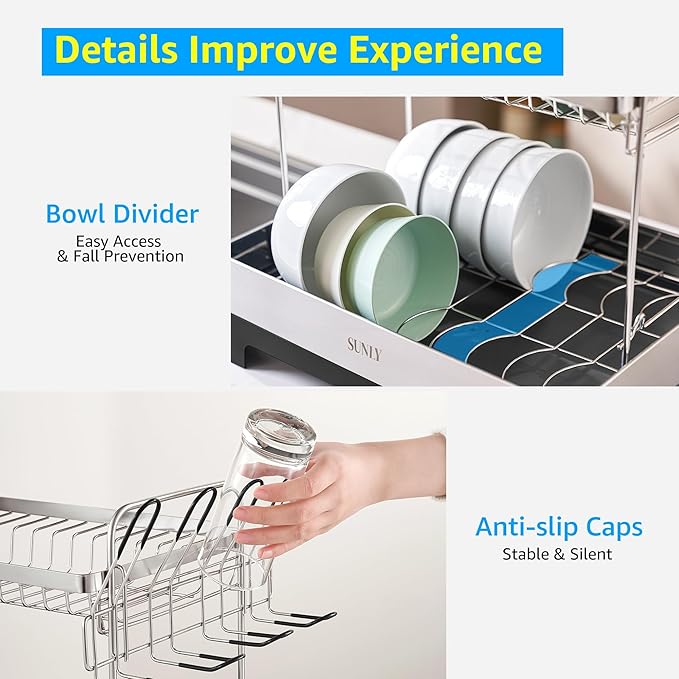 SUNLY 2 Tier Dish Drying Rack, Extra Large Dish Rack, Multifunctional Large Dish Drainers for Kitchen Counter, 304 Stainless Steel Kitchen Drying Rack, Bowl Drying Rack, Extendable Drain Spout, Black