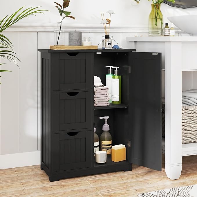 Tangkula Bathroom Floor Cabinet, Freestanding Storage Cabinet with 3 Drawers & Single Door, Adjustable Shelf, Multipurpose Bathroom Storage for Home Office, 23.5 x 12 x 32 Inches (3 Drawers, Black)