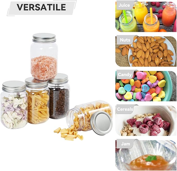 novelinks 16 oz Clear Plastic Jars with Lids, Refillable 16oz Mason Jars with Lids & Storage Containers for Kitchen & Household Use (20 Pack,Silver)