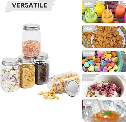 novelinks 16 oz Clear Plastic Jars with Lids, Refillable 16oz Mason Jars with Lids & Storage Containers for Kitchen & Household Use (5 Pack,Silver)