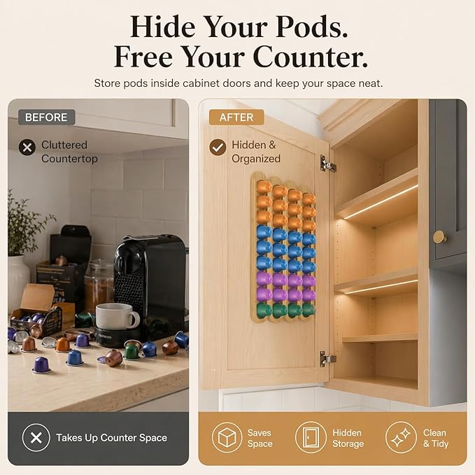 Bamboo Coffee Pod Holder, Adhesive Wall Mount (No Drilling) for Cabinet Door, 36-Capsule Storage (Set of 4) — Vertical/Horizontal — Compatible with Nespresso Original Line-Bamboo Brown