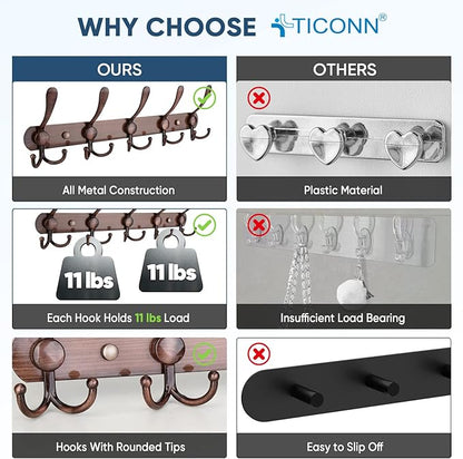 TICONN Wall Mounted Coat Rack, Five Heavy Duty Tri Hooks All Metal Construction for Jacket Coat Hat in Mudroom Entryway (Antique Bronze, 2-Pack)