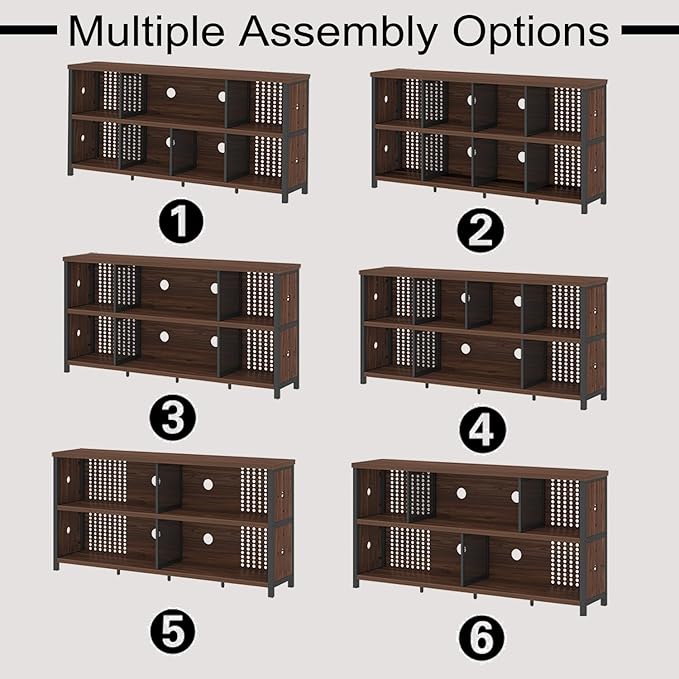 LVB Wood Horizontal Bookshelf, Industrial Long Bookcase Cube Shelf Organizer, Large Wide Low Wooden Metal Cube Book Shelf, Under Window Bookshelves for Office Bedroom Living Room, Walnut, 63 Inch