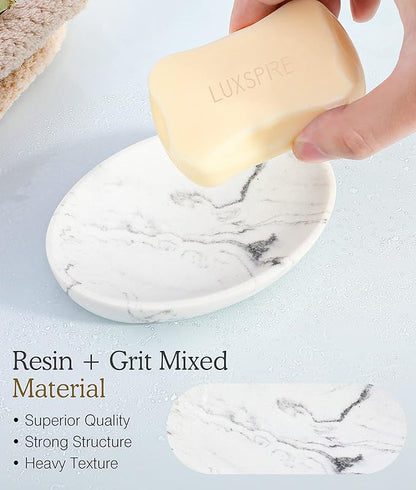Luxspire Soap Dish 2 Packs, Resin Soap Tray Soap Holder Container Box, Marble Pattern Oval Soap Plate Case, Sponge Dish Scrubbers Tray Holder for Bathroom Vanity Shower Kitchen Sink, Gravel White