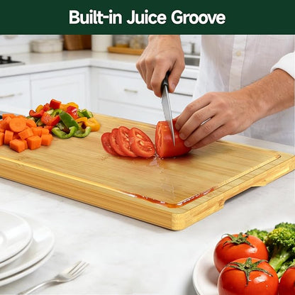 4-Piece Set Bamboo Cutting Board for Kitchen - Crack-Resistant Wood Chopping Boards with Deep Juice Grooves, Pre-Oiled Butcher Block for Meat, Vegetables & Cheese, Natural
