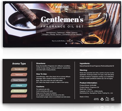 Essential Oils Set, Men Scents Fragrance Oil Essential Oils for Diffuser - Sandalwood, Teakwood, Sweet Tobacco, Cinnamon & Pine Needle, Woody Vetiver, Cologne Aromatherapy Oils for Men, 6x10ml