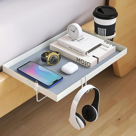 Metal Bedside Shelf for Dorm Room Bunk Bed & Top Bunk, Dorm Room Essentials, Bed Side Table Tray Organizer (White)