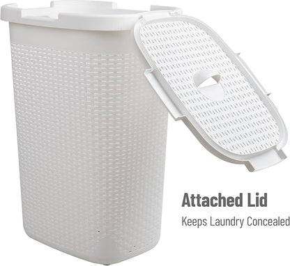 Mind Reader Slim Laundry Hamper with Lid, 60L Tall Clothes Basket, Narrow Tapered Design for Bathrooms, Closets and Laundry Rooms, Plastic, White