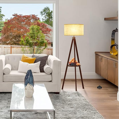 LEPOWER Tripod Floor Lamp, Mid Century Wood Standing Lamp, Modern Design Shelf Floor Lamp for Living Room, Bedroom, Office, Flaxen Linen Shade with E26 Lamp Base Walnut