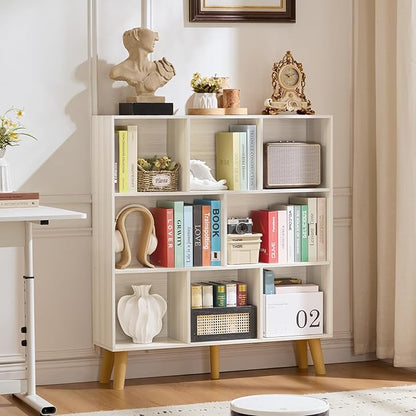 LEYAOYAO 8 Cube Bookshelf,3 Tier Bookcase with Legs,Light Grey White Mid-Century Modern Bookshelves,Large Open Storage Organizer Shelf, Wooden Book Case