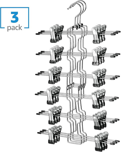 Zober 6-Tier Skirt Hangers with Clips - Metal, Non-Slip Space Saving Pants Hangers W/Adjustable Clips & Swivel Hooks - Skirt Hangers for Women (3-Pack)