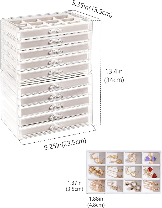 Lolalet Earring Holder Organizer Box Jewelry Storage with 10 Drawers, Clear Acrylic Stackable Earring Case with Adjustable Velvet Trays for Women on Dresser Vanity - Warmwhite,10 Layers