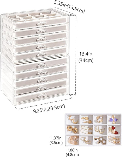 Lolalet Earring Holder Organizer Box Jewelry Storage with 10 Drawers, Clear Acrylic Stackable Earring Case with Adjustable Velvet Trays for Women on Dresser Vanity - Warmwhite,10 Layers