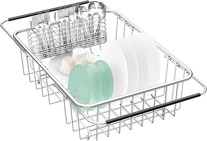 Fanbsy Large Dish Drainer Rack in Sink Adjustable, Expandable 304 Stainless Steel Metal Dish Drying Rack Organizer with Stainless Steel Utensil Holder Over Inside Sink Counter, Rustproof