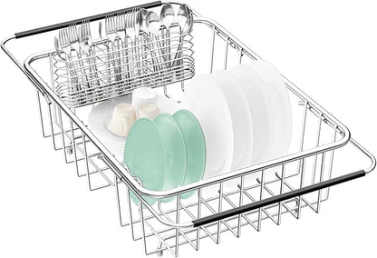 Fanbsy Large Dish Drainer Rack in Sink Adjustable, Expandable 304 Stainless Steel Metal Dish Drying Rack Organizer with Stainless Steel Utensil Holder Over Inside Sink Counter, Rustproof