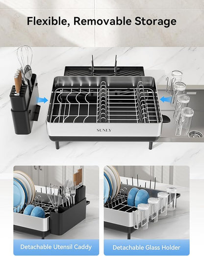 SUNLY Large Dish Drying Rack, Expandable Dish Rack for Kitchen Counter, 304 Stainless Steel Space Saving Dish Drainer with Multifunctional Flip Up Pegs
