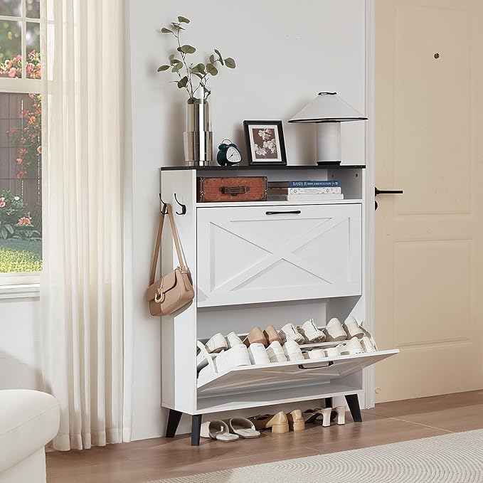 Shoe Storage Cabinet with 2 Flip Drawers, Farmhouse Shoes Organizer for Entryway, Narrow Hidden Shoe Rack with Wooden Legs & Open Storage, Free Standing Shoe Closet for Foyer, Hallway, White