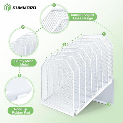 SUMMORO Inclined File Organizer for Desk, 7-Tier Vertical File Folder Holder Office Desk Organizer Metal Rack File Wire Mesh Desktop Document Sorter for Office School Classroom Home (White)