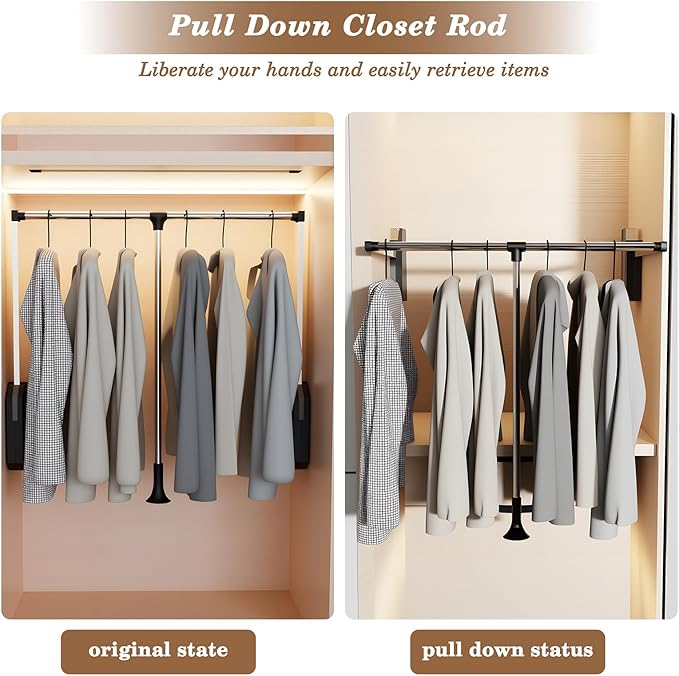 Pull Down Closet Rod Stainless Steel,35"-48" Adjustable Wardrobe Lift Rail Rod,60 lbs Load Capacity,Side & Back Mounted Closet Pole for Waredrobe & Hanging Clothes