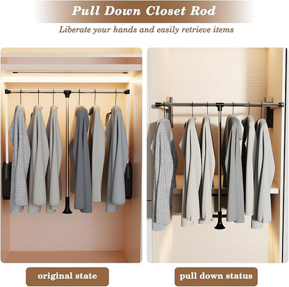 Pull Down Closet Rod Stainless Steel,35"-48" Adjustable Wardrobe Lift Rail Rod,60 lbs Load Capacity,Side & Back Mounted Closet Pole for Waredrobe & Hanging Clothes