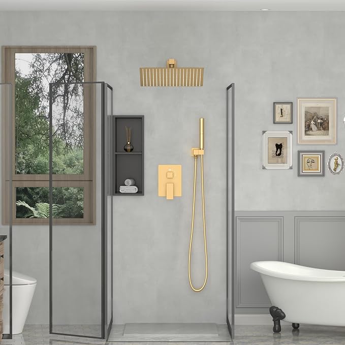 BESy 16 Inch Rain Shower Head, 16" Square Rainfall & High Pressure Stainless Steel Bath Showerhead, 1/16" Ultra Thin, Waterfall Full Body Coverage with Silicone Nozzle, Brushed Gold