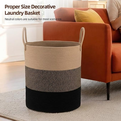 OIAHOMY Large Laundry Basket Hamper - 60L Cotton Rope Woven Basket for Blankets, Toys, Clothes - Tall Decorative Nursery Hamper with Long Handles, Yellow/Black