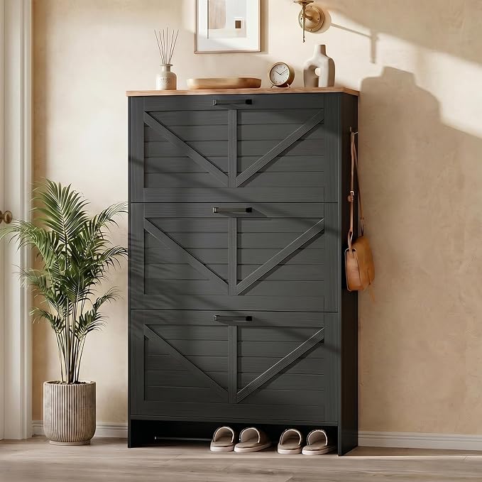 Nicetree Shoe Storage Cabinet for Entryway, 9.1" Ultra Slim 3-Drawer Flip Shoe Cabinet, Modern Black Farmhouse Hidden Shoe Organizer, Narrow Shoe Rack for Small Spaces