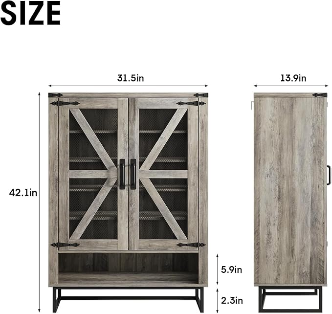 Maupvit 42.1" Farmhouse Shoe Cabinet with Ventilated Mesh Doors, 6-Tier Shoe Storage Cabinet with Adjustable Shelves & Metal Legs, Rustic Wooden Shoe Rack Organizer for Entryway, Hallway, Foyer, Grey
