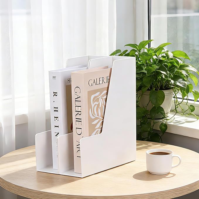 CiWiVOKi Vertical Magazine File Holder, Desk Organizer and Storage for Magazines, Binders, Notebooks, Envelopes, Multi-Purpose Desktop File Organizer for Home, Office & Classroom, 4 Pack, White